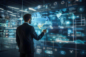 empresário analisando uma tela com várias informações e conexões do negócio.